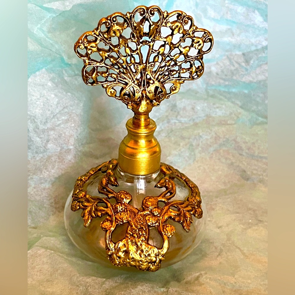 Vintage Perfume Bottle 24 Karat Gold Plated Ormolu Overlay with Dauber
